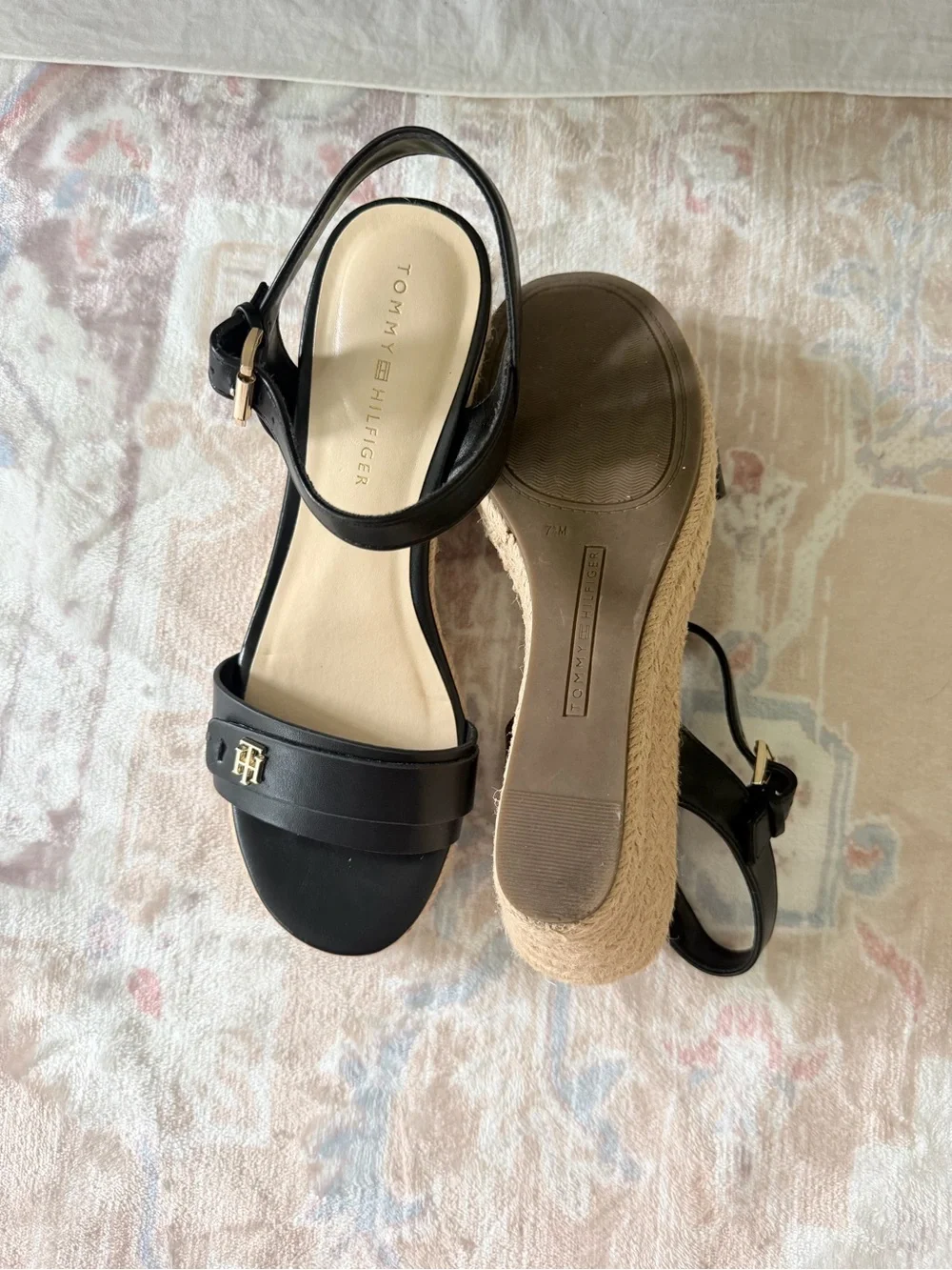 Tommy Hilfiger Black Leather Espadrille Wedge Sandals - W7